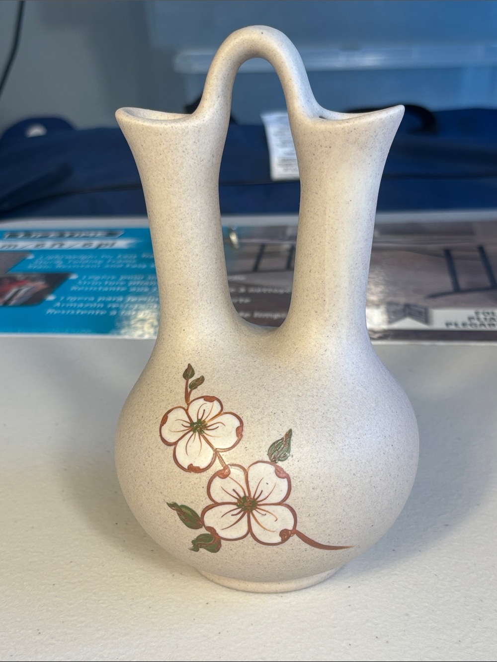 Double-Neck Ceramic Bud Vase in Cream with Floral Accent